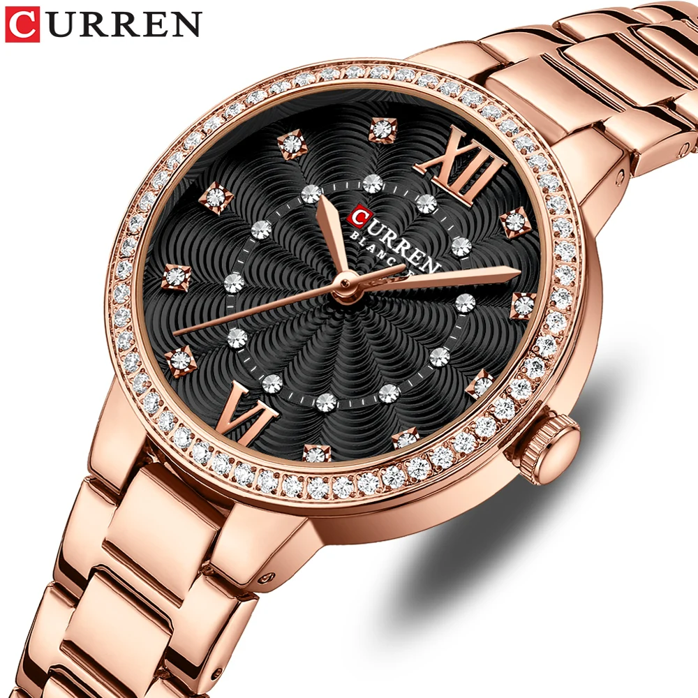 CURREN 9085 Roman Numeral Quartz Watch for Ladies, Small Dial Diamond-studded Ultra-thin Waterproof Stainless Steel Wristwatch