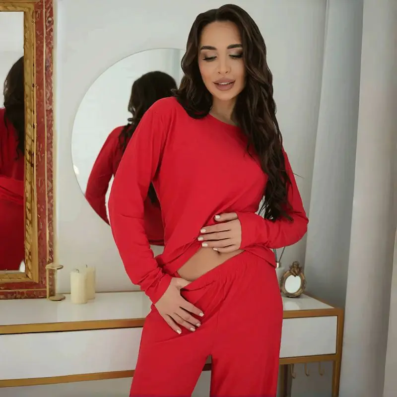 

Cozy Fall/Spring Pajama Pant and Top Soft Solid Color Women's Long Sleeve Pajamas Set Breathable Homewear for Relaxation