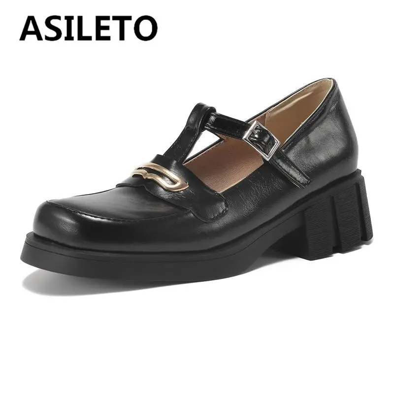 ASILETO 2025 Sweet Women Pumps Round Toe Thick Heels T-strap Metal Decoration Plus Size 41 42 43 Soft Mary Janes Daily Shoes