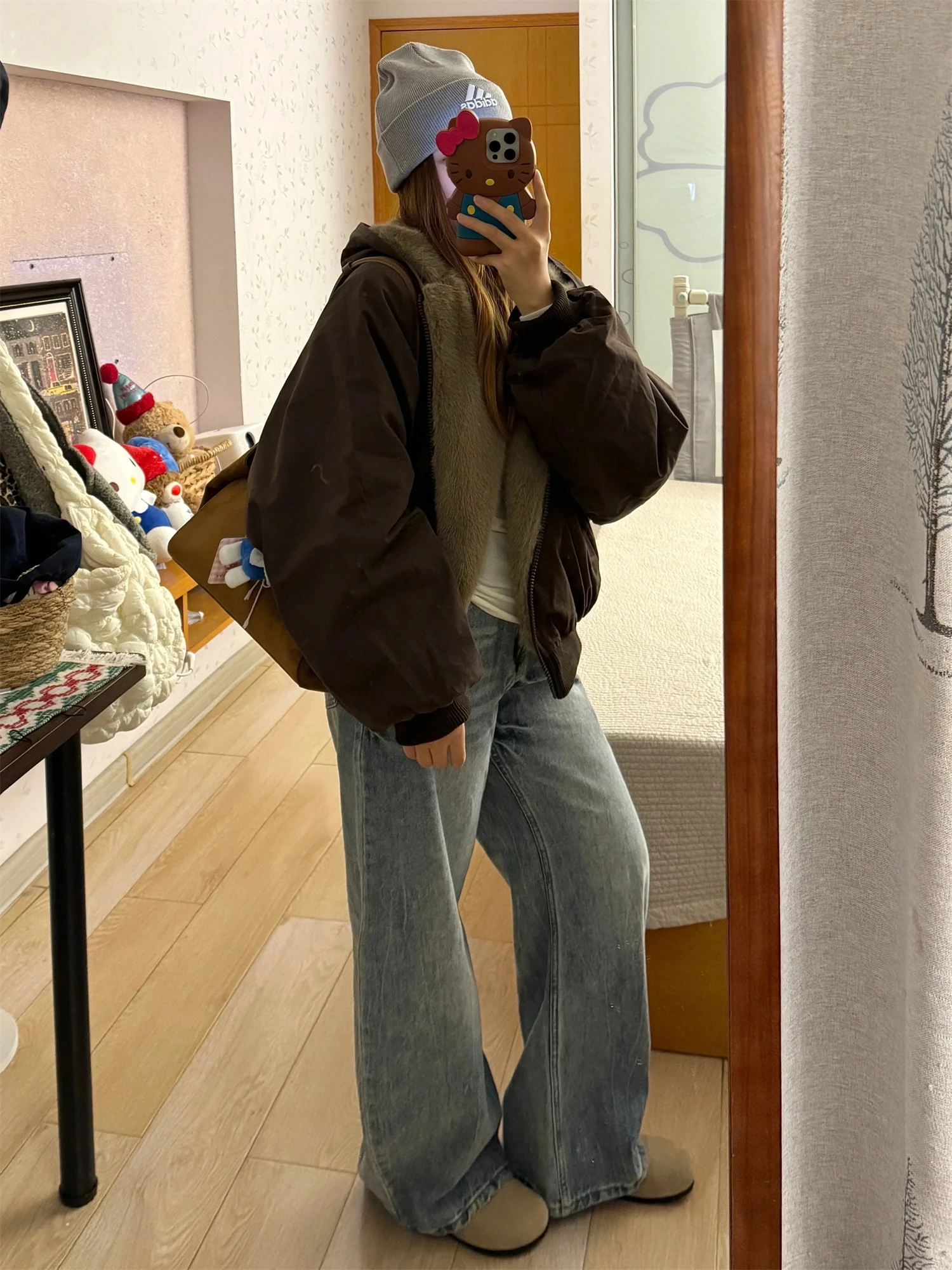Y2K Grunge Reversible Faux Fur Hooded Bomber Jacket Women Oversized Zip Up Fall Winter Warm Streetwear Outerwear ****