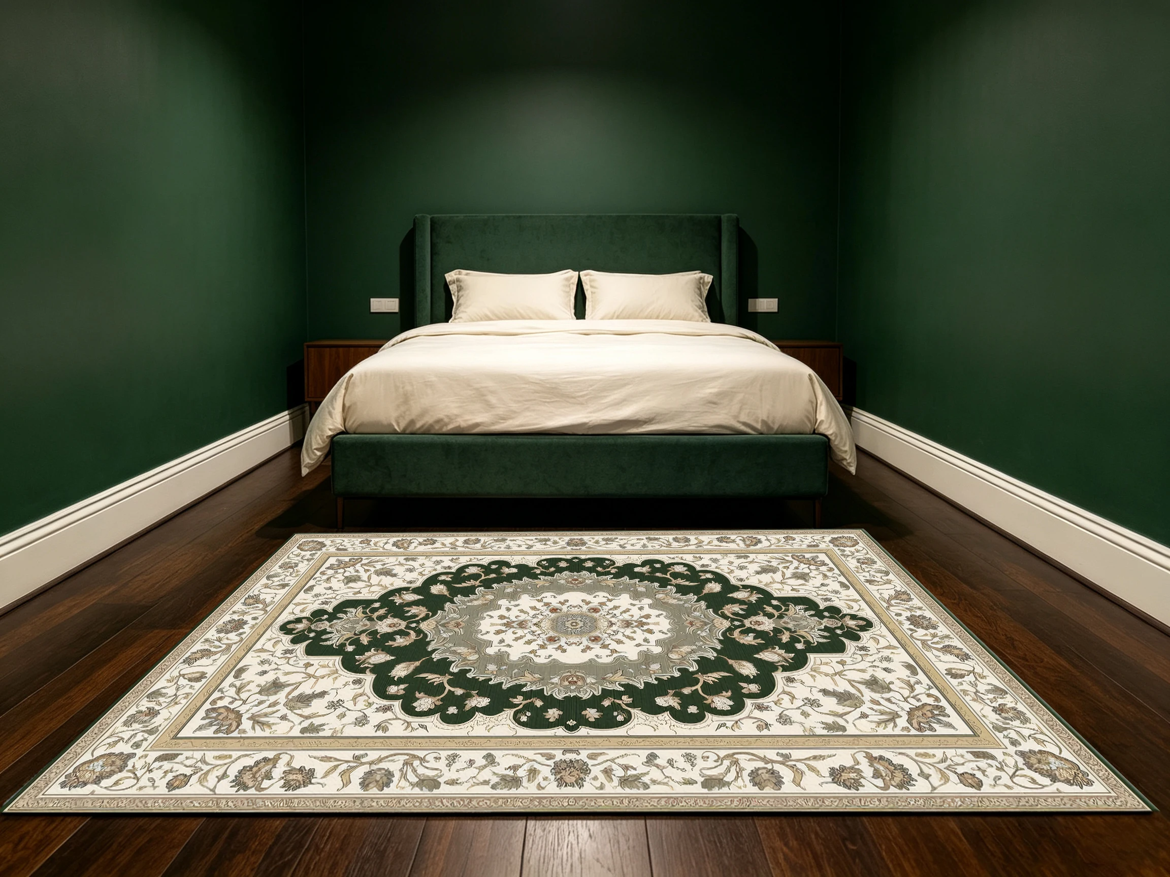 2D Velvet Carpet, 2D Velvet Carpet Features a Vintage Persian Style in a Beige-Green Color, with a Soft Touch, Suitable for Living Rooms and Other Areas.