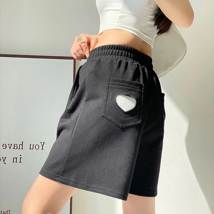 

Gidyq Women Summer Black Sports Shorts Fashion Love Pocket High Waist Straight Shorts Korean All Match Female Casual Loose Short