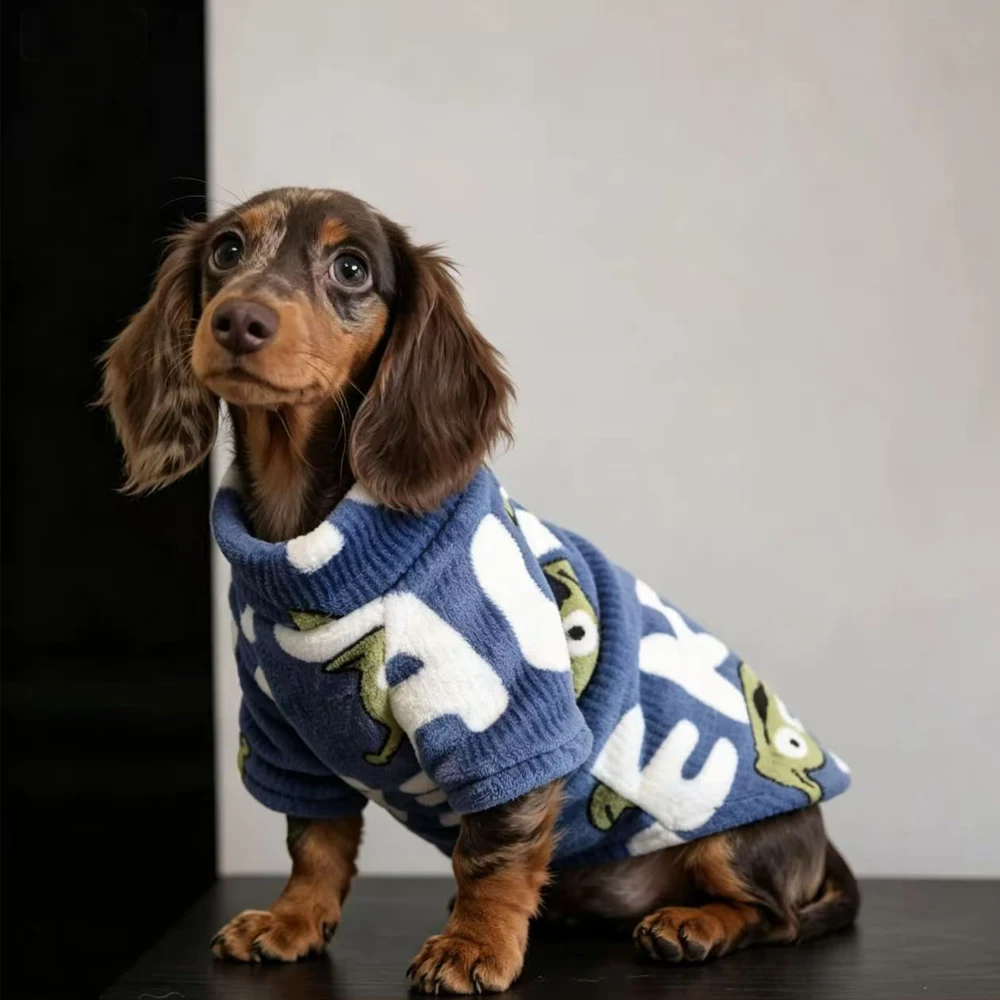 Blauer Weicher Fleece-Pullover für Dackel Süßer Cartoon-Jumpsuit für Kleine und Mittelgroße Dackel Winter Warmer Mantel für Wienerhunde