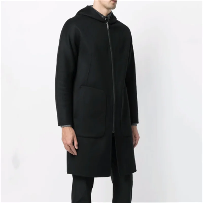 2023 autumn and winter new medium long woolen coat men's woolen coat loose youth thick warm hooded casual jacket