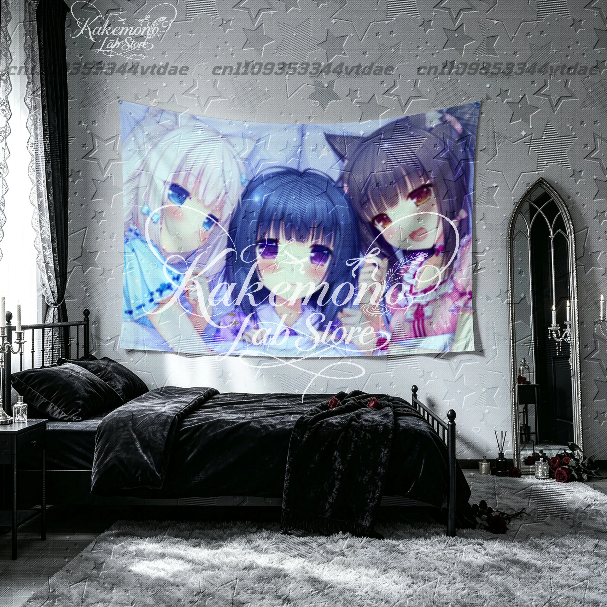 Kawaii Nekopara Three Cat Ear Girls Horizontal Tapestry Anime Character Print Wall Hanging Dorm Sofa Background Decoration