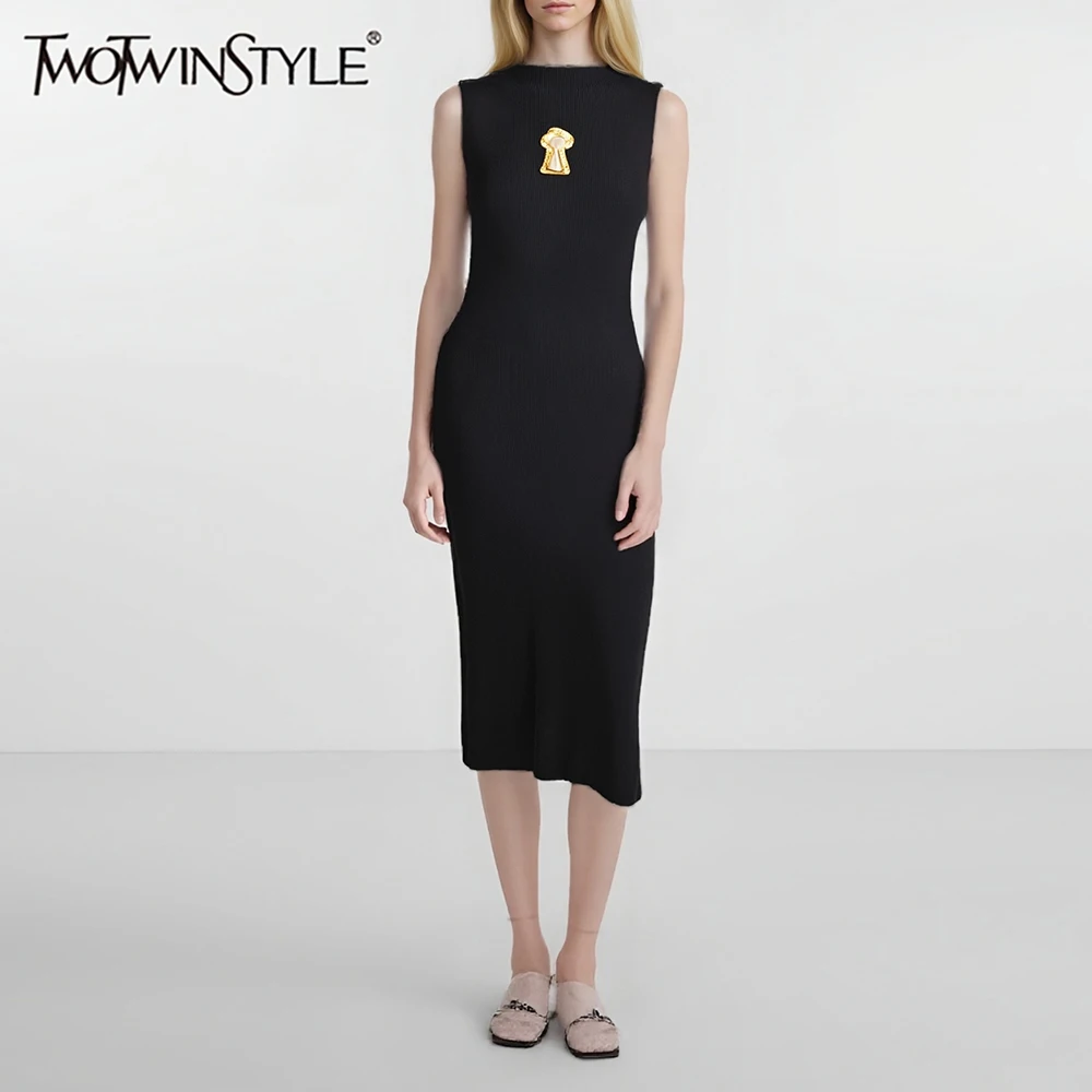 

TWOTWINSTYLE Solid Slimming Spliced Sequined Fashion Dresses for Women Round Neck Sleeveless Minimalist Dress Female Clothes New