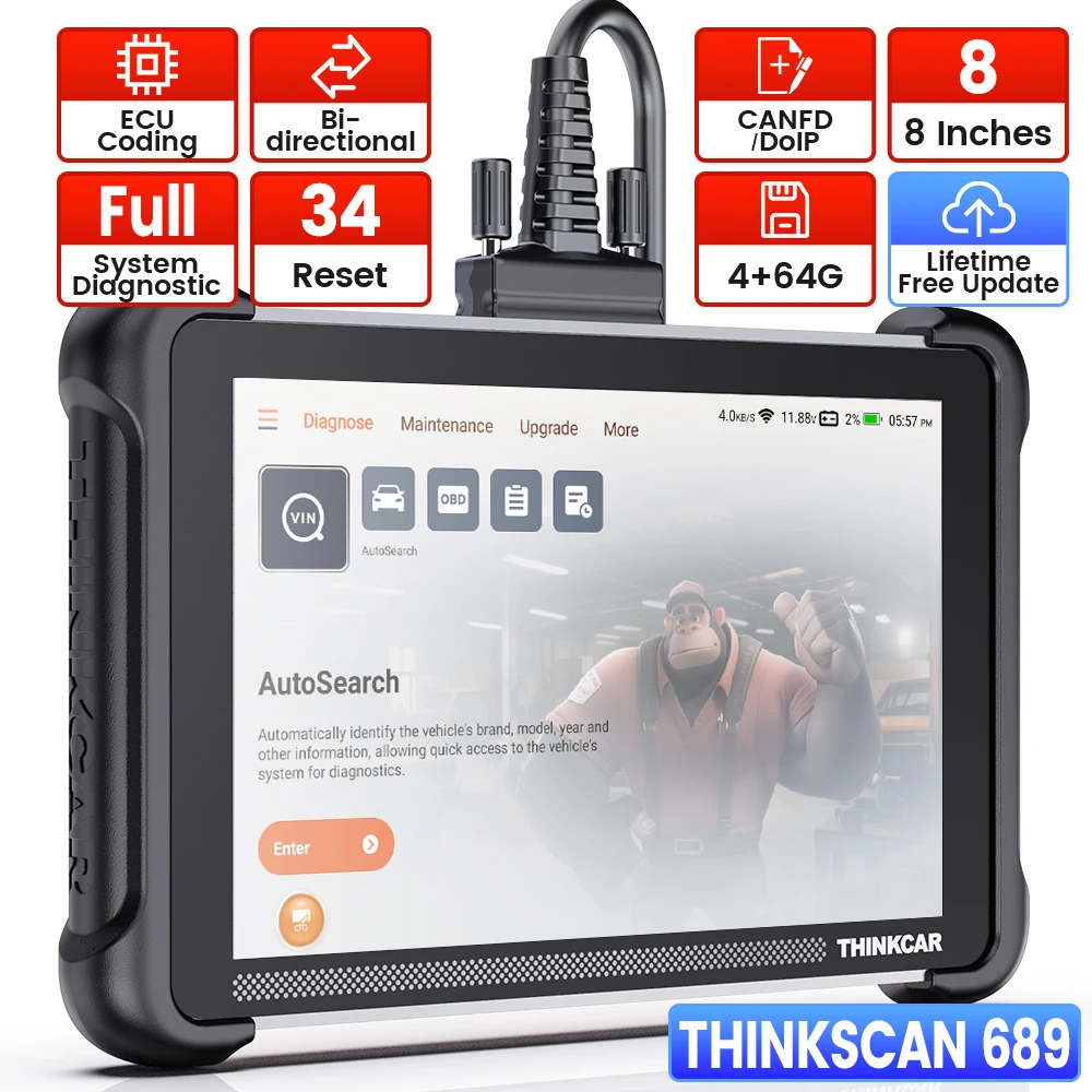 THINKCAR THINKSCAN 689 Outil de diagnostic OBD2, 34 fonctions de réinitialisation, DOIP CAN FD, contrôle bidirectionnel, codage ECU, mise à jour gratuite à vie