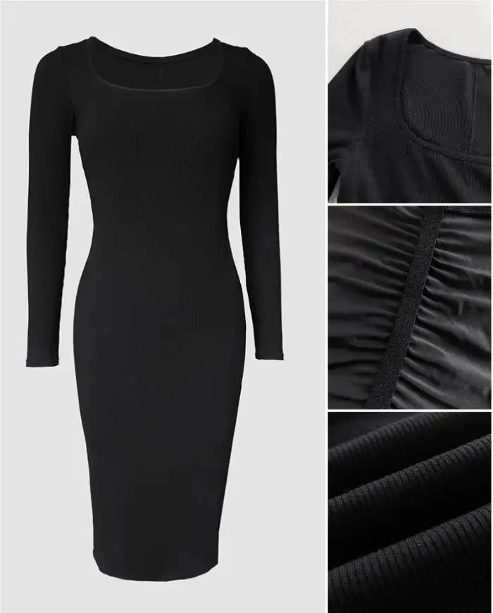 

Square Neck Tummy Control Butt Lifter Thigh Slimmer Full Body Shaper Bodycon Dress Double Layer Built-In Shapewear Ribbed Dress