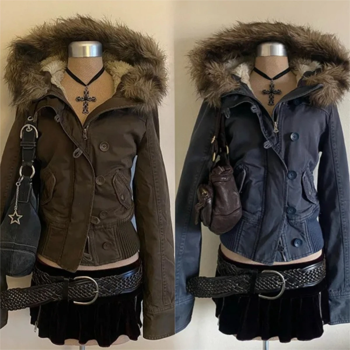 

Американские винтажные тонкие куртки с капюшоном, женские повседневные зимние пальто сафари 2025 года, одежда в стиле ретро, теплые топы на пуговицах, элегантные с капюшоном