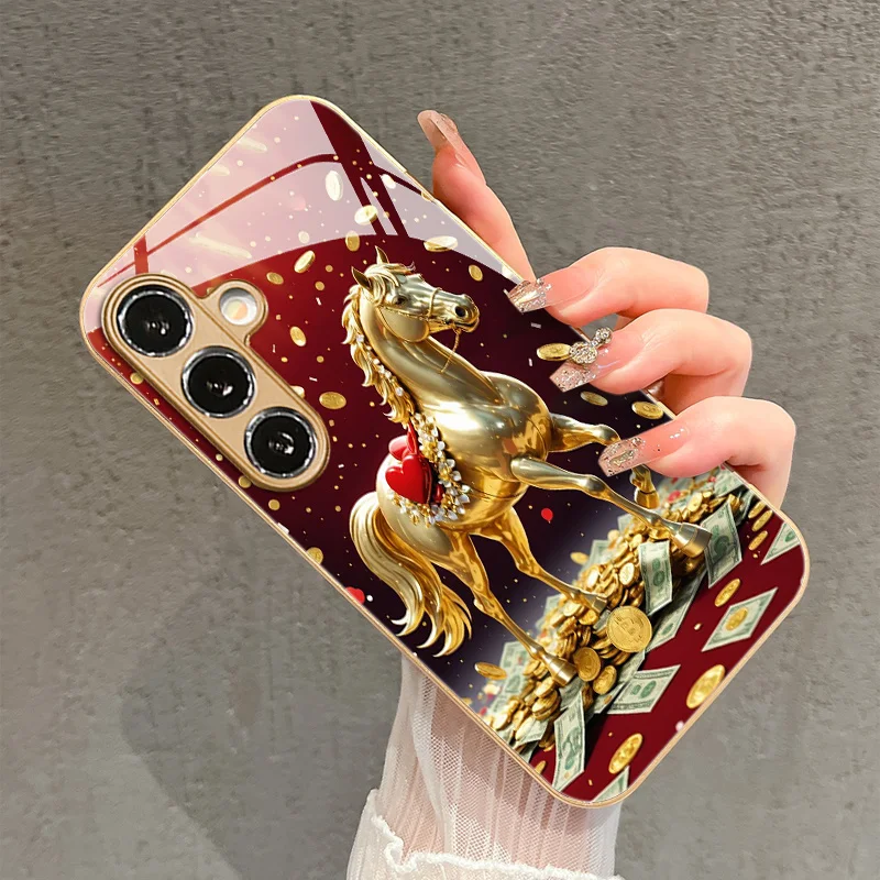 Gorgeous Golden Horse Tempered Glass TPU Fashion phone case for Samsung Galaxy S26/S25/S24/S23/S22/S21 FE Ultra Plus Shockproof