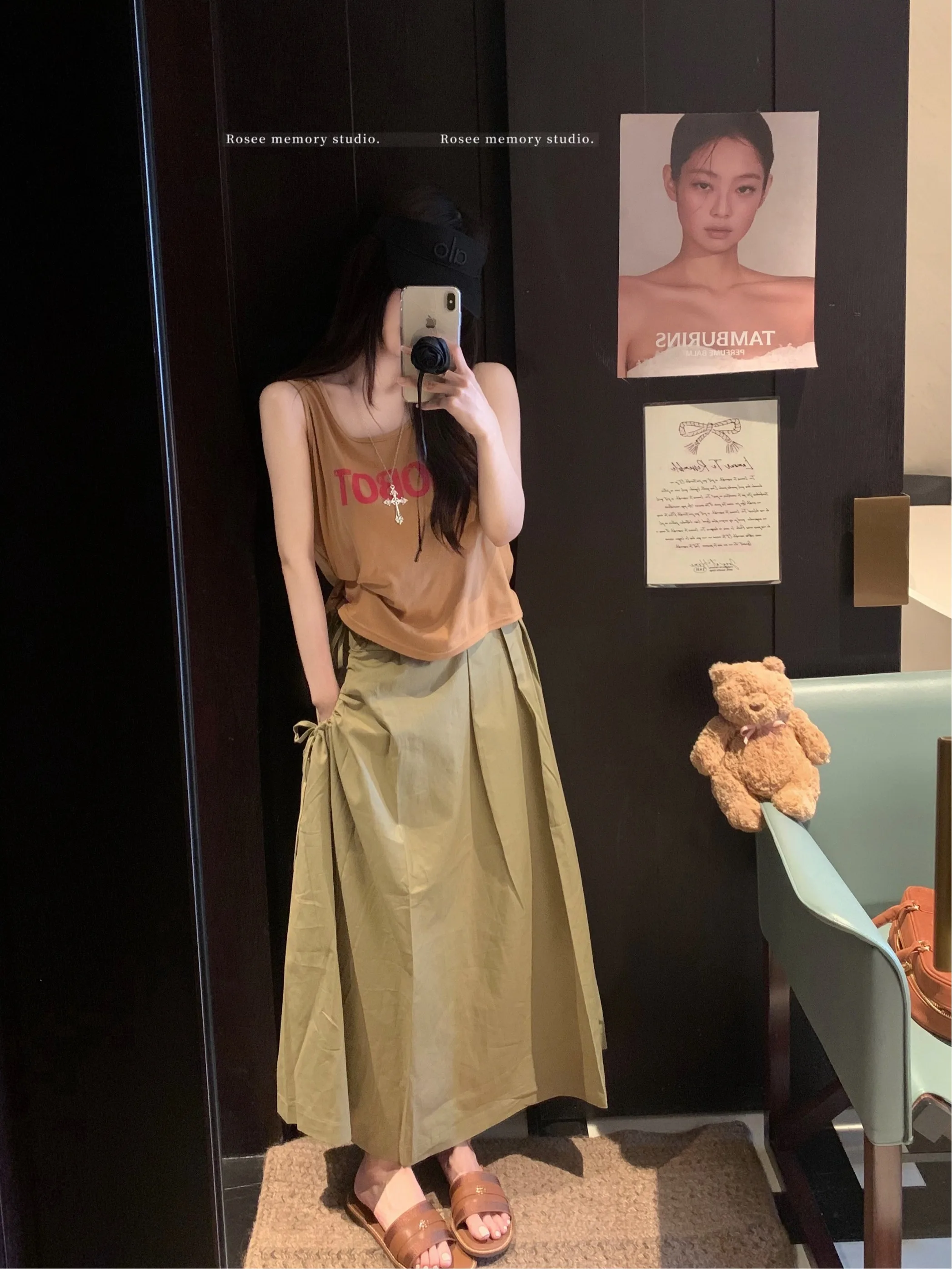 

Summer Casual Style Women's Sleeveless Vest Top Letter Print round Neck Pocket Design Half Skirt Long Drawstring Dress Set