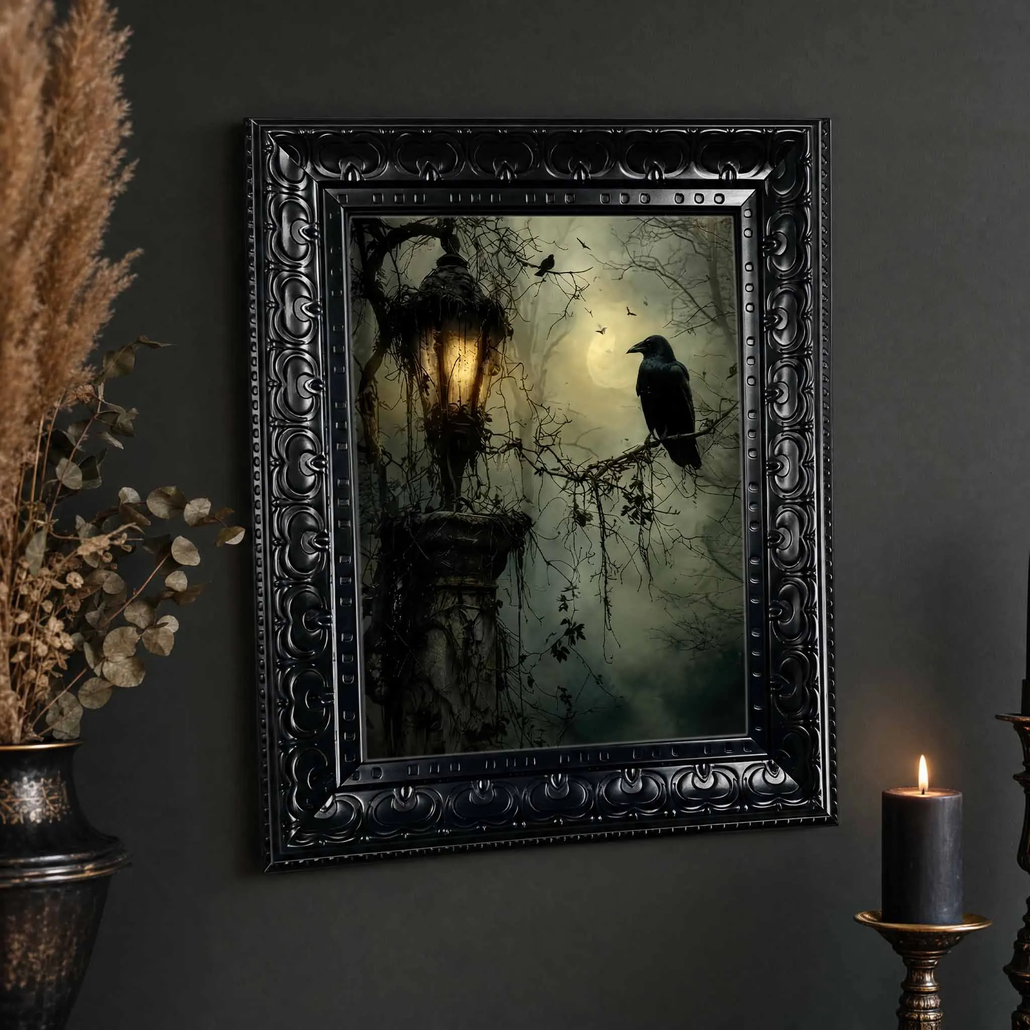 Halloween Wall Art, Framed Canvas Wall Art Gothic Crow Vintage Lantern Print for Dark Academia Spooky Moody Home Decor