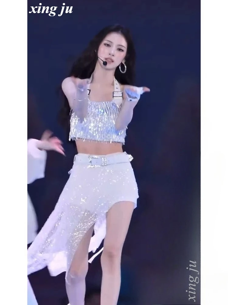 xing-ju-korean-singer-halter-sequins-tassel-tops-see-through-tight-shorts-jazz-dancer-costumes-women-kpop-stage-performance-wear