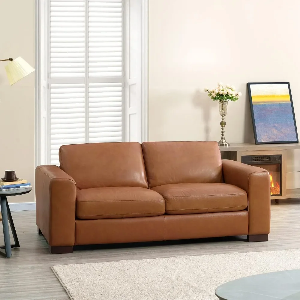 Genuine Leather Loveseat Sofa - Luxurious Comfort, Goose Feather Cushion Filling, Square Arm Design, Sturdy Block Legs