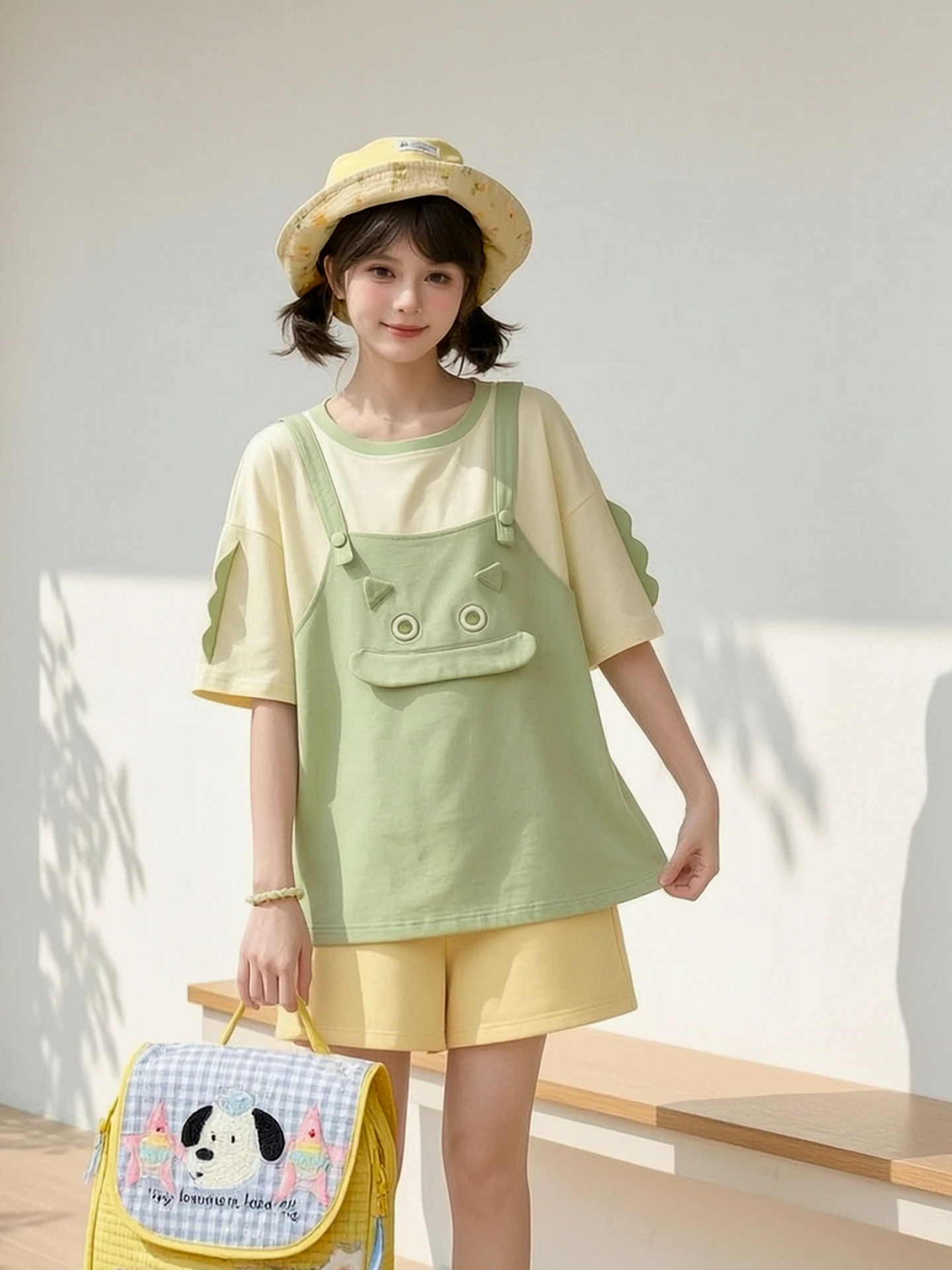 Sweet Style Loose Shoulder Short Sleeve T-Shirt Women's New 2026 Color Block Design Casual Cotton Polyester Blend Top
