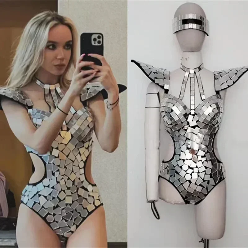 

Silver Sequins Fly Shoulder Hollow Out Rave Outfit Stage Performance Clothes Gogo Show Mirror Bodysuit Women Dance Costume