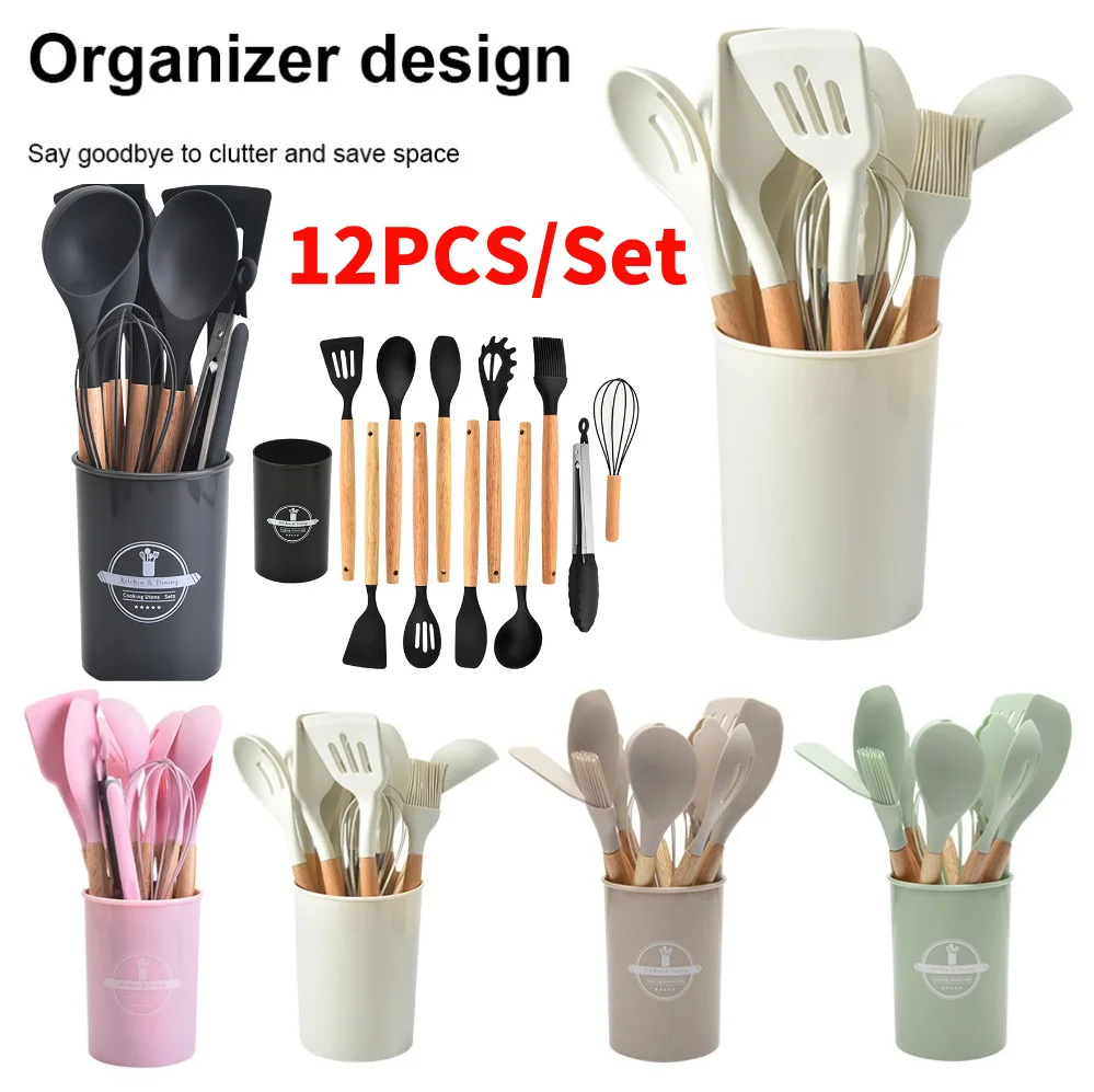 Ensemble d'ustensiles de cuisine en Silicone, 12 pièces, spatule avec support, spatule antiadhésive, cuillère, brosse, fouet, fournitures de cuisine
