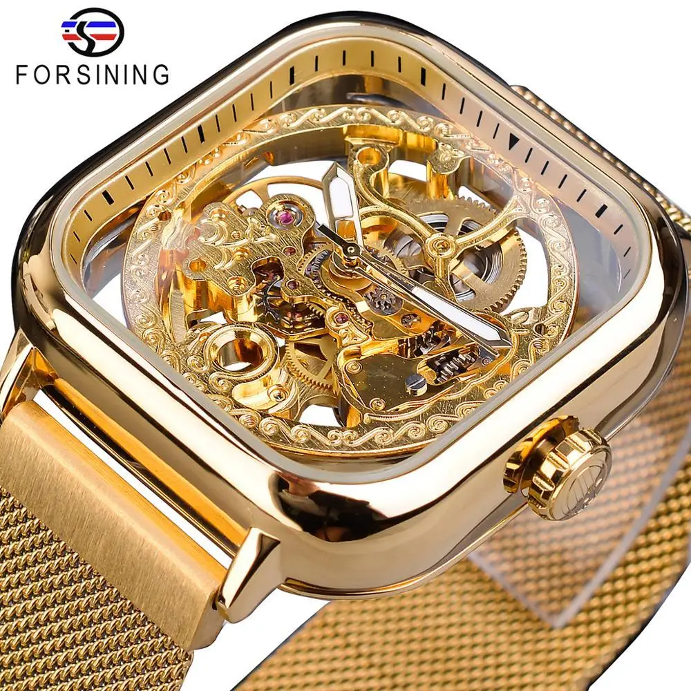 Forsining Golden Men Automatic Watch Square Skeleton Mesh Steel Band Mechanical Business Clock Relogio Masculino Erkek Kol Saati