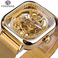 Forsining – montre automatique pour hommes, squelette carré, maille, bracelet en acier, mécanique, Business, Relogio Masculino Erkek Kol Saati