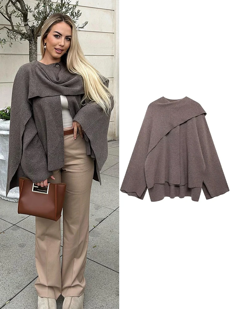 

TRAFZA Female Casual Chic Asymmetrical Coats Solid O-Neck Long Sleeve Single Button Knitted Coat Autumn Jackets Woman Trendy