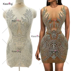 Luxury Silver Rhinestone Bodice Applique Shiny Dark V Wedding Dress Detail WDP-574