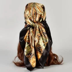 90*90Cm Bohemian Stijl Retro Vrouwen Hijab Zwart Goud Vintage Zijden Sjaal Veelzijdige Klassieke Print Haar Sjaal Bandana Elk Seizoen