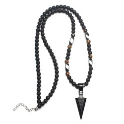 Cool 6mm Matte Black Round Beads Slivery Golden Color Arrow Pendant Necklace for Men Handmade Jewelry Gift