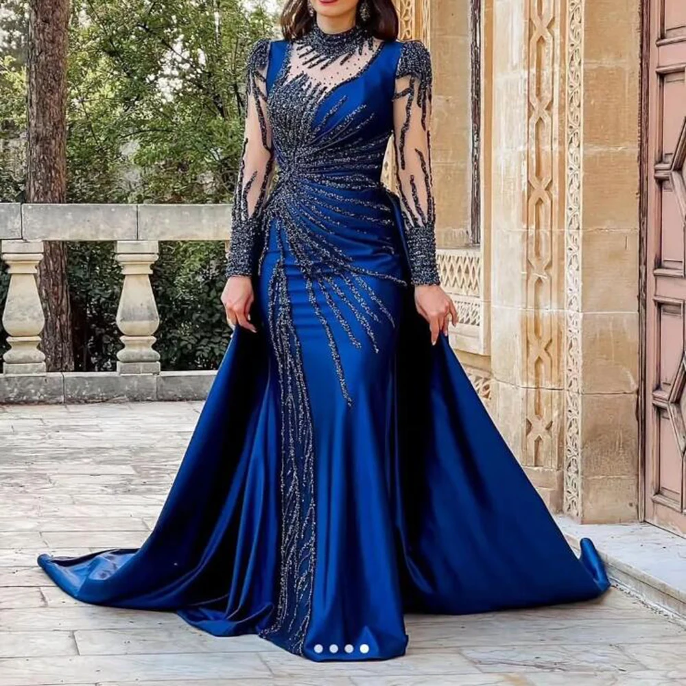 

Aso Ebi Satin Pleated Mermaid Prom Dresses Detachable Train Sequined Lace Beaded Evening Gowns Formal Party Reception Customized