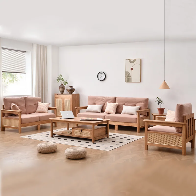 Wabi Stillwind rattan solid wood sofa combination living room simple small apartment corner princess rubber wood all solid wood