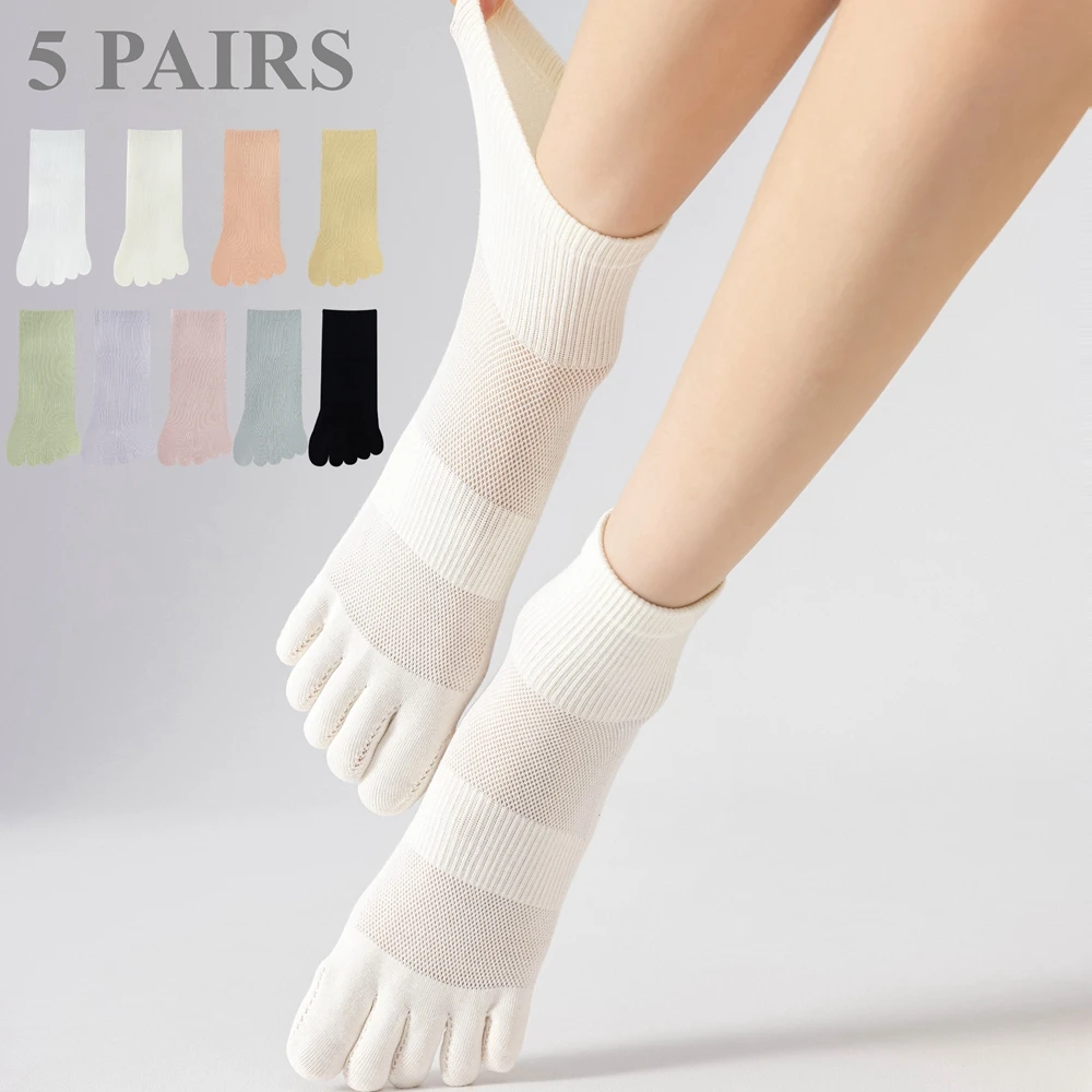 5 Pairs Women Toe Socks Non-slip Summer Mesh Five Finger Socks Mid Tube Cotton Women Sports Socks with Separate Fingers