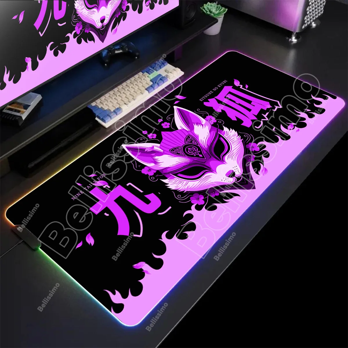 RGB Cute Mouse Pad Anime Nine-tailed Fox Desk Mat Nine-Tailed XL Gaming Mousepad Home Luminous Desktop Protector Mat Table Mats