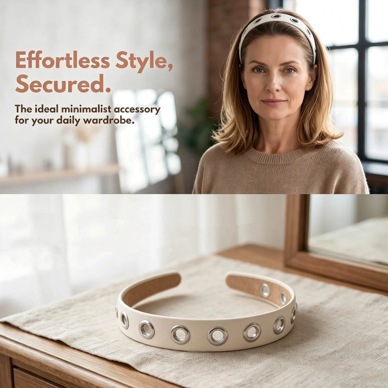 PU Wide Headband Non Slip Punk Rock Cutout Circle Metal Grommet Decor Fashion Headband Women Casual Work School
