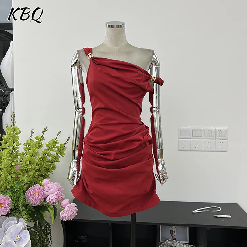 

KBQ однотонные утягивающие платья со складками для женщин, темпераментное платье без рукавов с диагональным воротником и высокой талией, женская мода, новинка