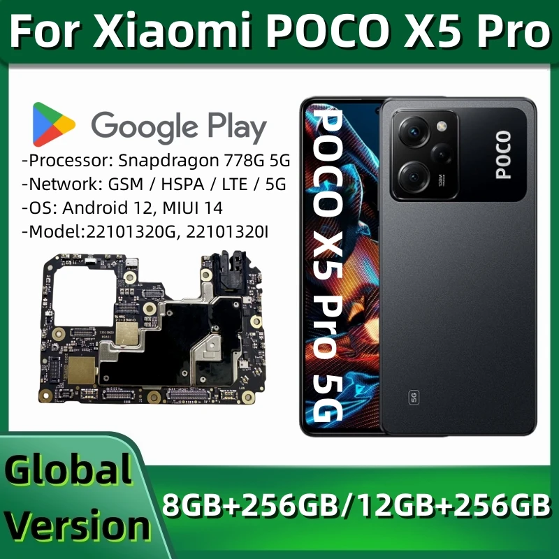 Motherboard for Xiaomi POCO X5 Pro 22101320G, Global Version Mainboard, Logic Board with MIUI 14 OS, 256GB