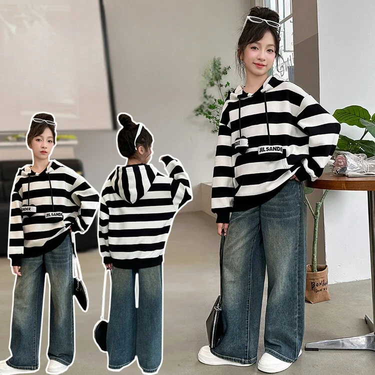 

Girls Hoodie Spring and Autumn 2024 New Foreign Style Autumn Striped Shirt Simple Casual Hoodie Korean Simple Style Clothes