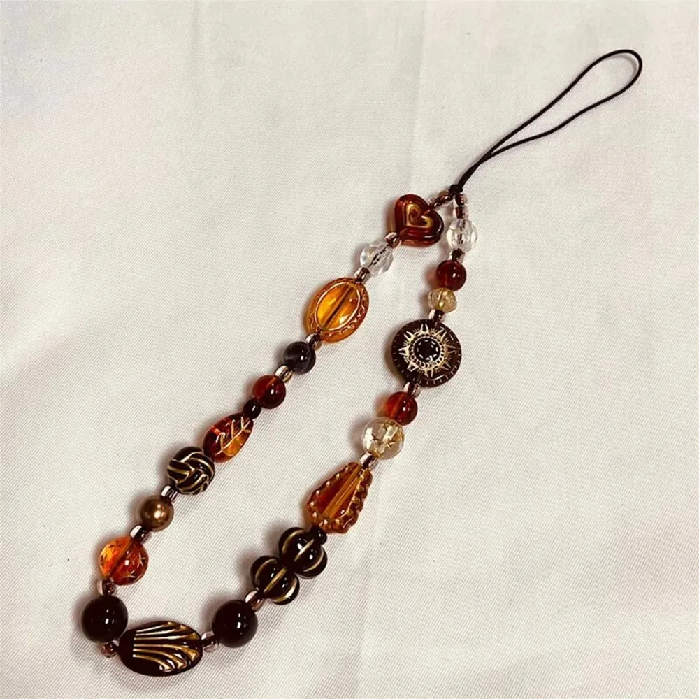 

Cute Retro Phone Chain Rope Resin Leopard Heart Beaded Hanging Cord Bracelet Keychain For Girl Woman