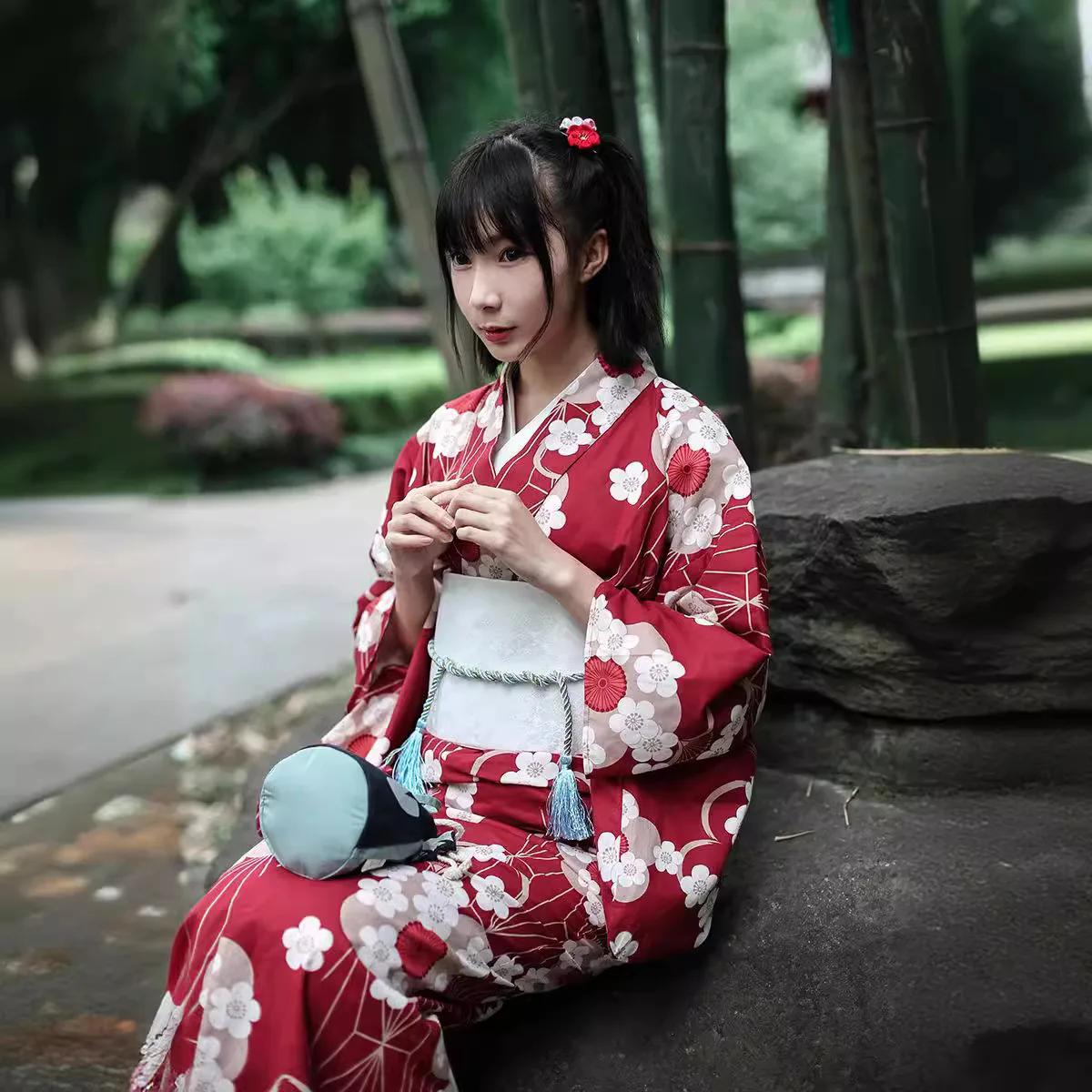 Red Japanese Yukata Kimono Female Modified Fit Hanafire Assembly Formal Wear Big Cherry Blossom Prints Traditional Japanese Robe