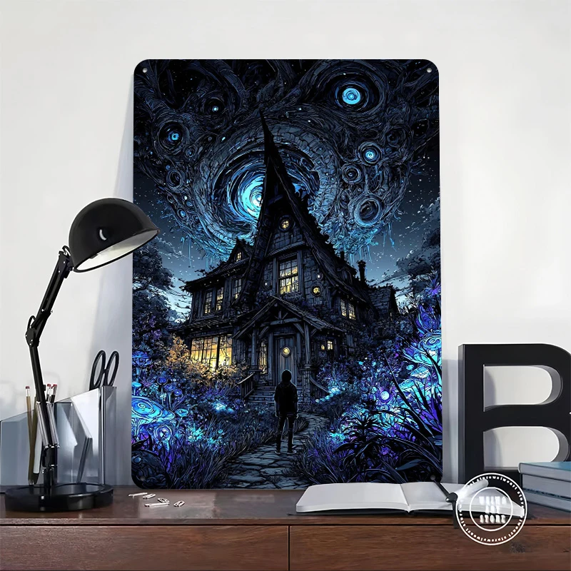 Mysterious House Under Cosmic Sky Metal Poster Customized Wall Art Retro Vintage Tinplate Signs for Luxury Home Decor Items Room