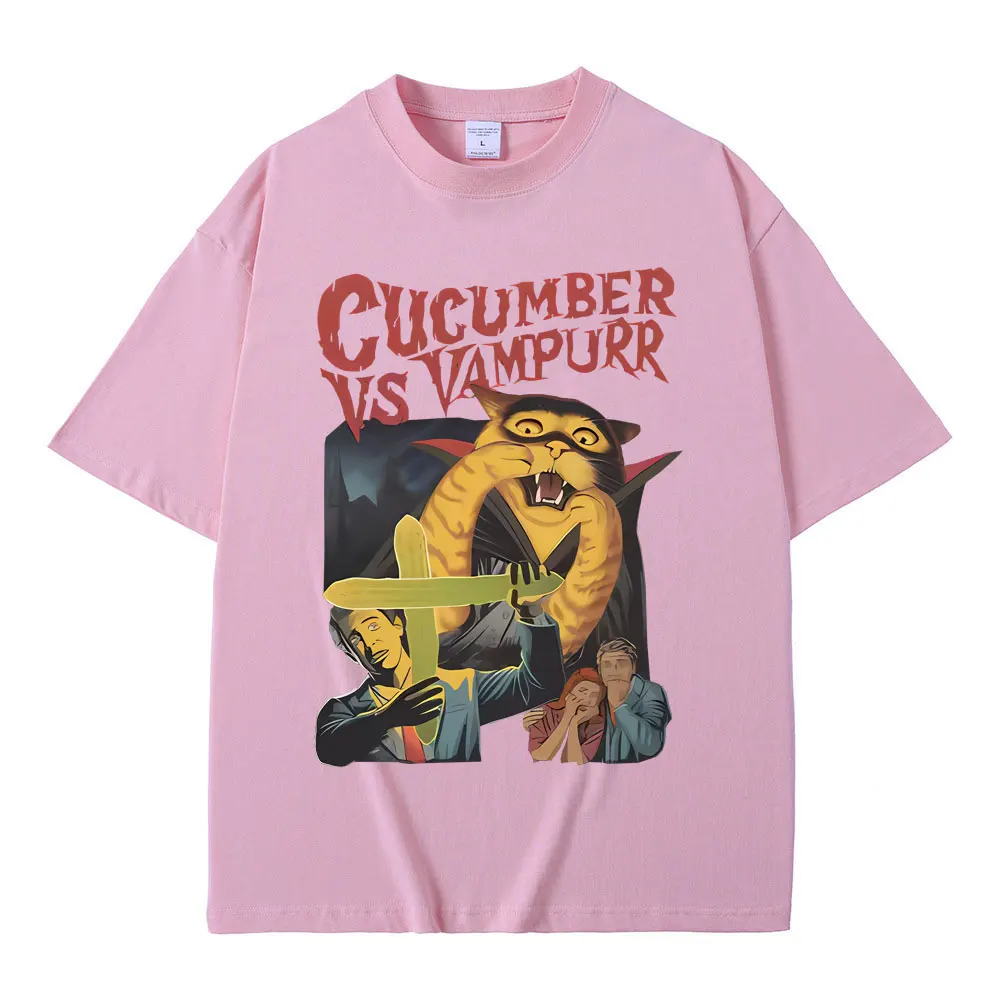 Funny Cucumebr Vs Vampurr Cat Tshirt Vintage The Return of Vampurr Cats Meme T-shirt Men Women Fashion Casual Oversized T Shirts image 6