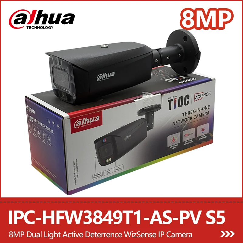 

Dahua 8MP 4K IP Camera PoE Dual Illumination Active Deterrence Fixed-focal IR 30M Bullet WizSense IPC-HFW3849T1-AS-PV S5
