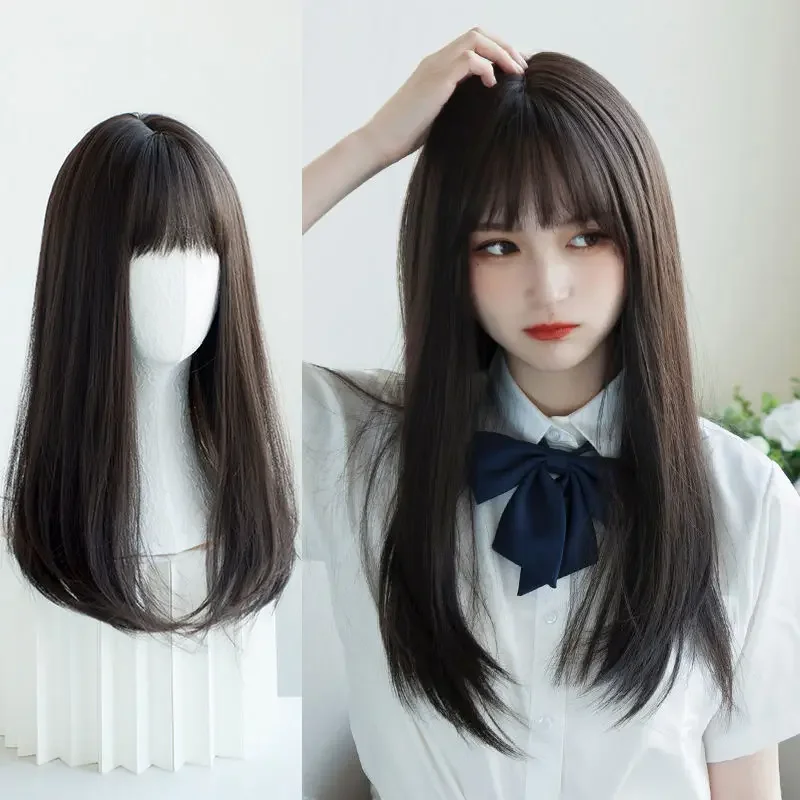 

Hair Extensions Synthetic Cute JK Girl Cosplay Air Bangs Wig Breathable Head Cover 50cm Long Straight Wig Hat for Women