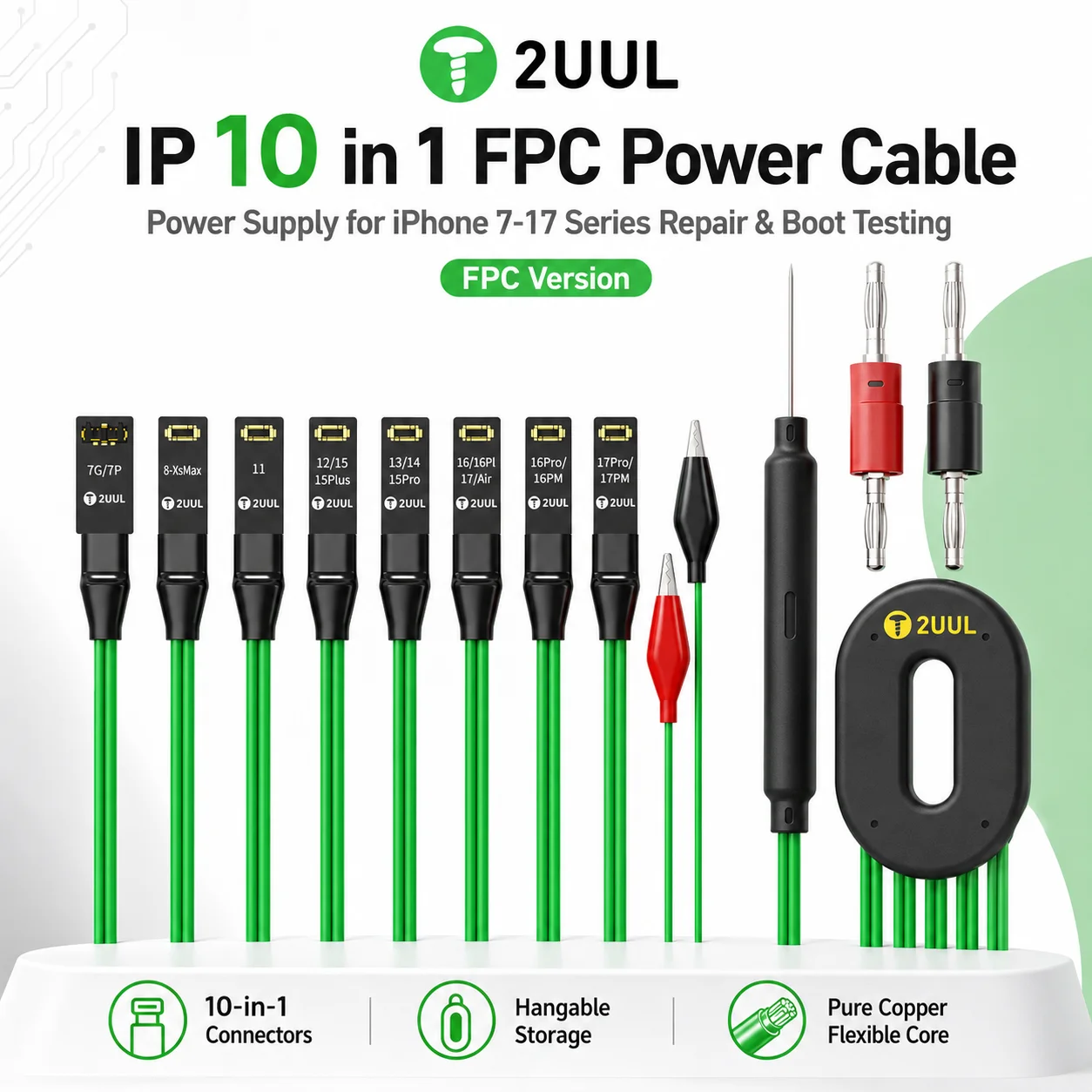 2UUL PW10 IP 10 in 1 FPC Power Cable, Pure Copper Boot Test Supply Cable with Banana Plug for iPhone 7-17 Series Repair
