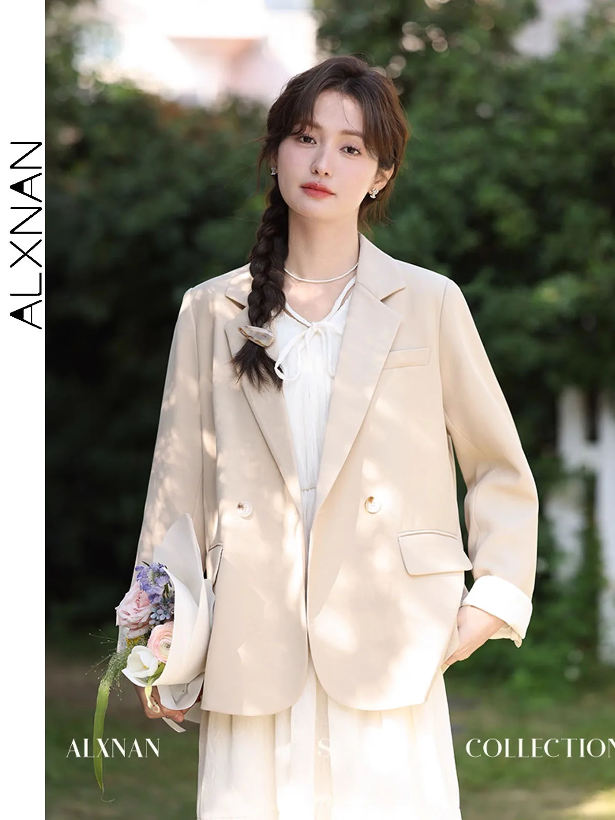 

ALXNAN Women's Blazer Light Khaki Casual Office Lady Single Breasted Suit Jacket Fall Loose-fit Long Sleeve Coats Female L33582