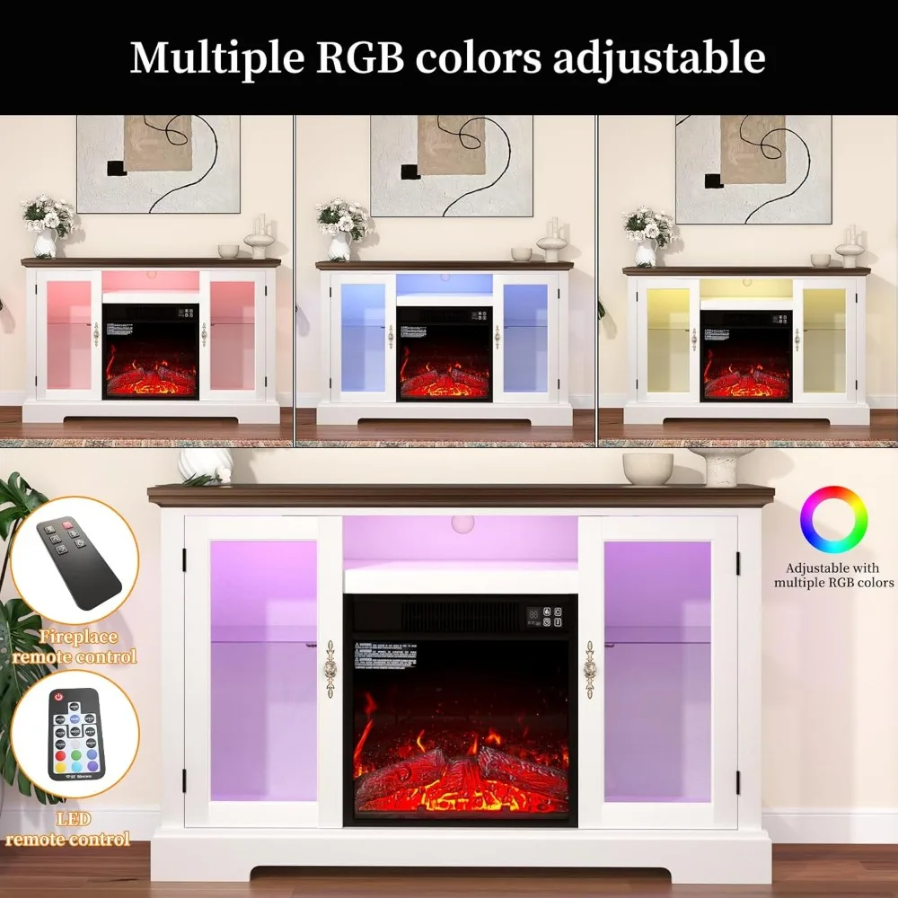 Caminetto Elettrico con LED, Caminetto Elettrico Supporto TV con Porte in Vetro e Shlef Regolabile, Camino Media Cons