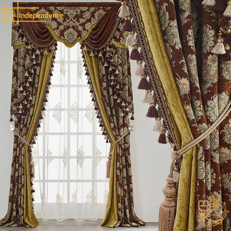 American European Printed Reddish Brown Gold Thickened Chenille Patched Curtains for Living Room Bedroom French Window Valance