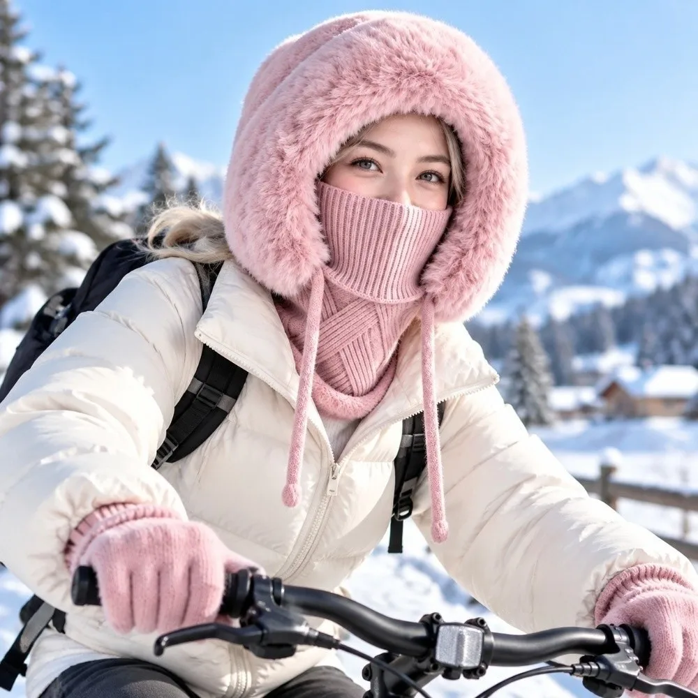 Fleece Lining Knitted Balaclava Hat Cable Knit Ear Protection Integrated Scarf Cap Plush Brim Drawstring Closure