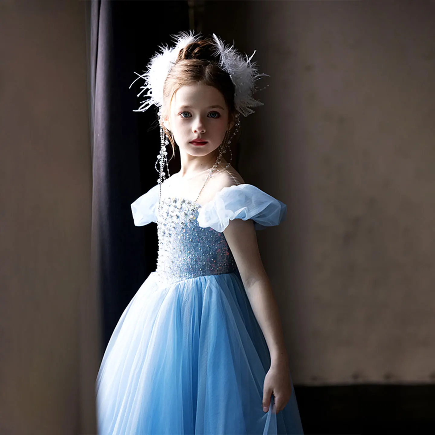 Blue Princess Flower Girl Dresses for Wedding Sequins Ankle Length Short Sleeve Girl Kids Birthday Party First Communion Gowns