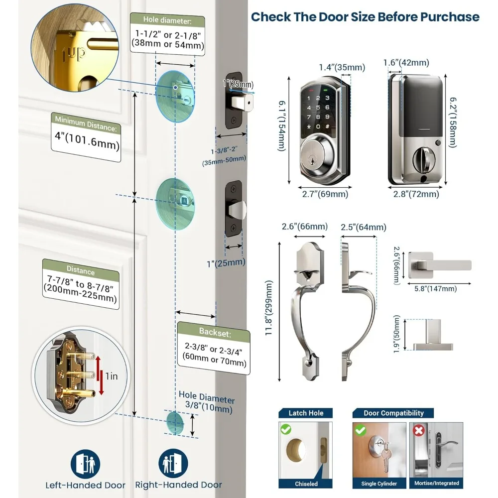 VE06-H Smart Front Door Lock Set, App Control, Keyless Entry Deadbolt with Lever Handle, Electronic Digital Touchscreen Keypad,