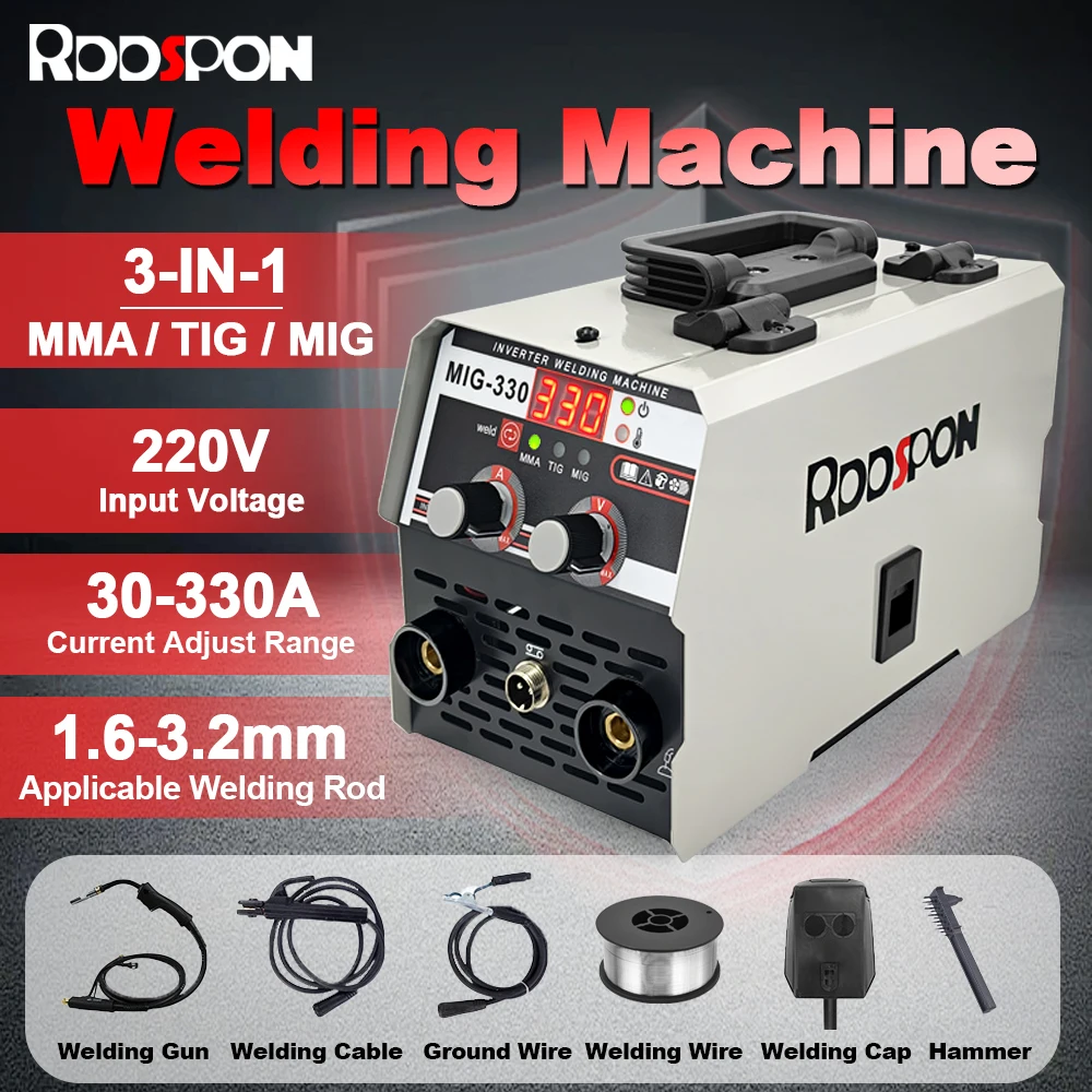 RDDPON 3 In 1 MIG TIG MMA Semi-automatic Welding Machine 330A Inverter Welder With Flux Cored Wire No Gas Gasless Iron Soldering