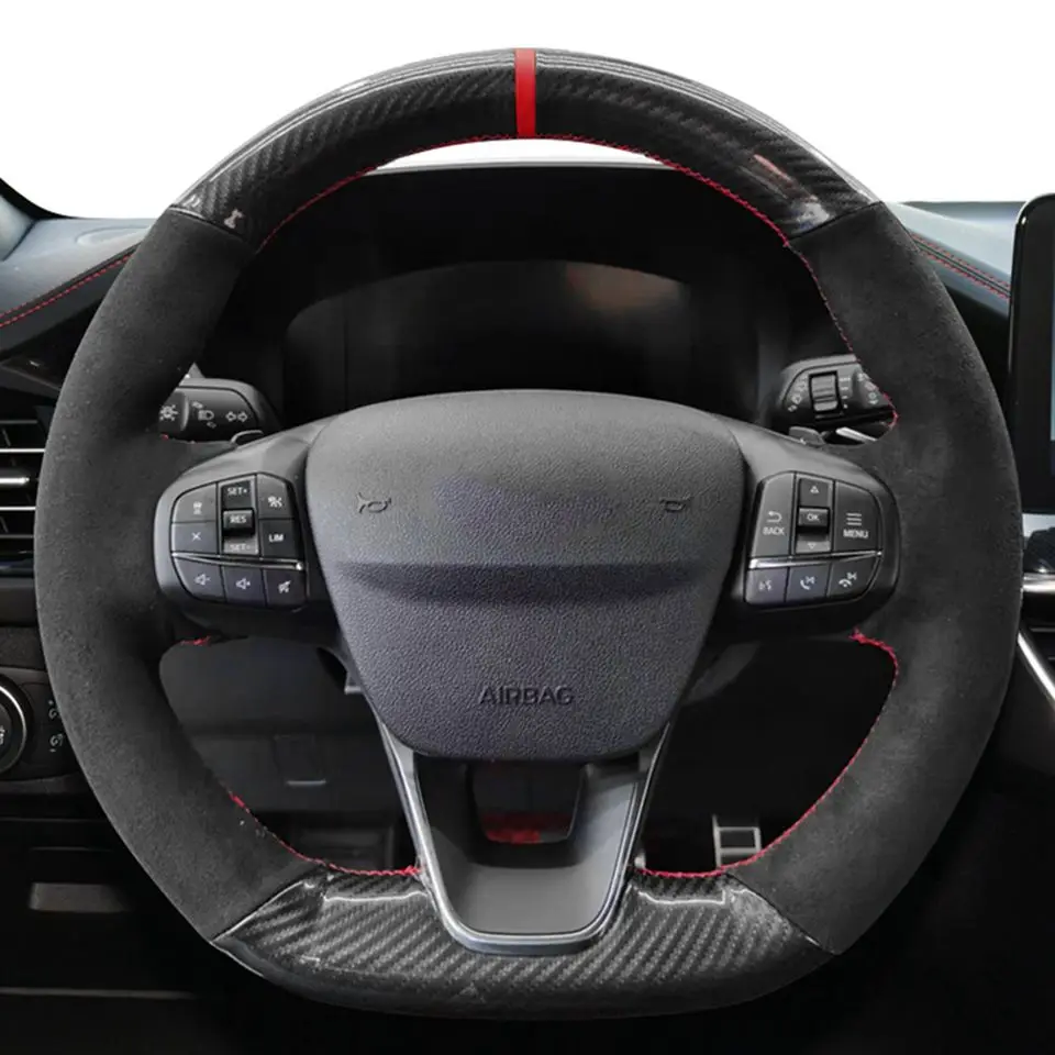 Car Steering Wheel Cover Non-Slip Black Suede For Ford Focus ST-Line Fiesta ST-Line 2018-2019 Focus ST 2019-2020 Fiesta ST 2019